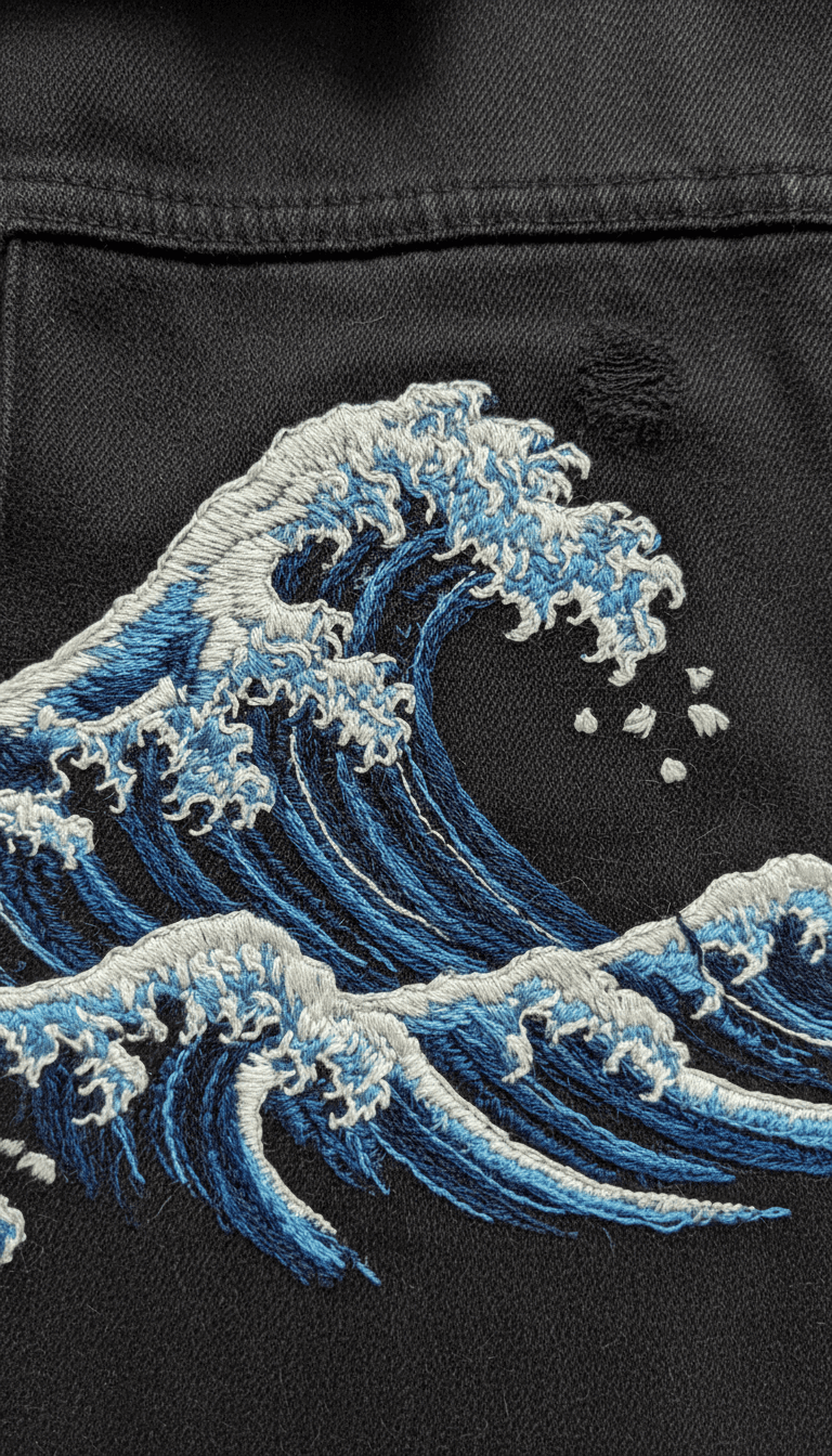 Detail of embroidered wave motif on jacket sleeve