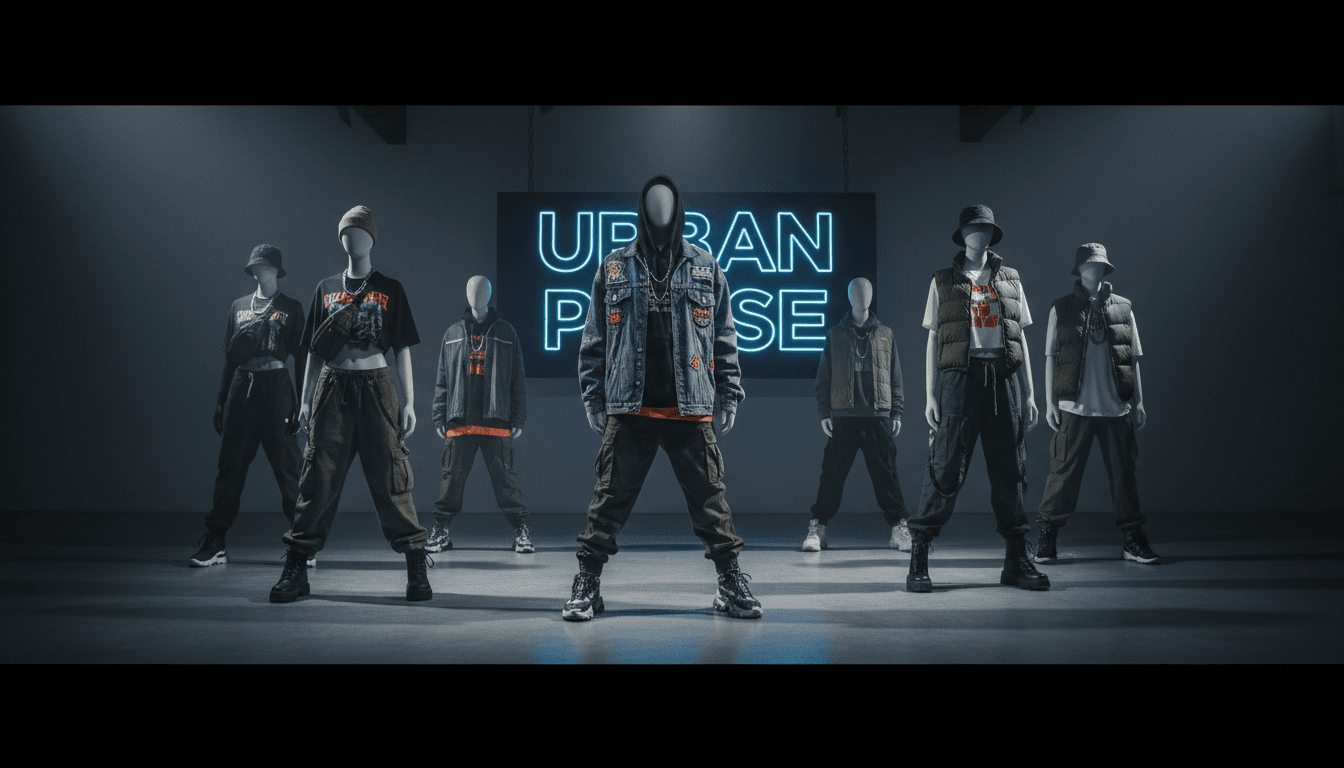 Urban streetwear fashion collection displayed on mannequins in a modern studio