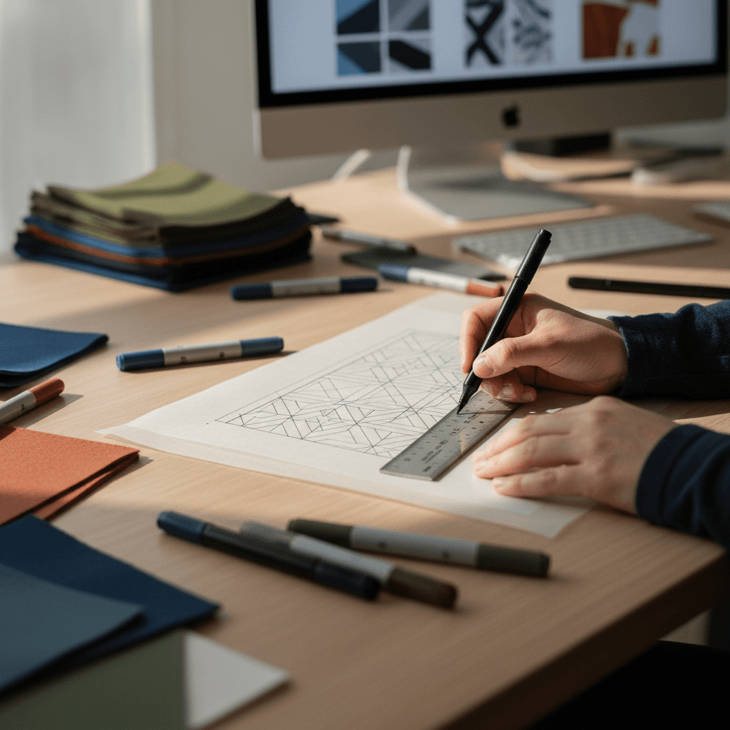 Designer sketching clothing patterns on paper with fabric samples on a desk