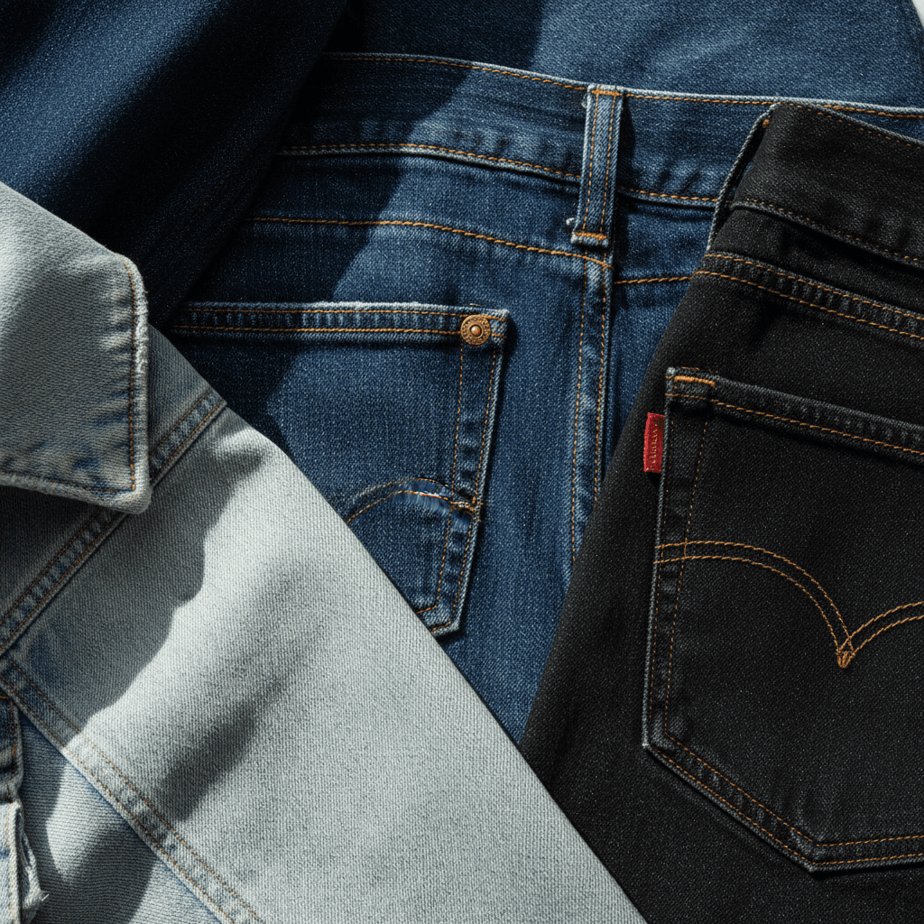 Close-up of textured dark indigo denim fabric with visible weave and stitching, representing the tactile quality of urban luxury clothing