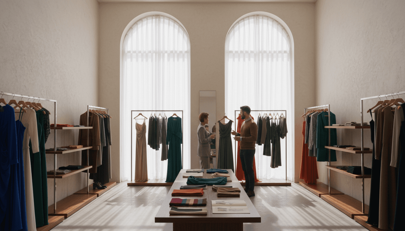 Garment rack with unfinished sample pieces in a small designer studio