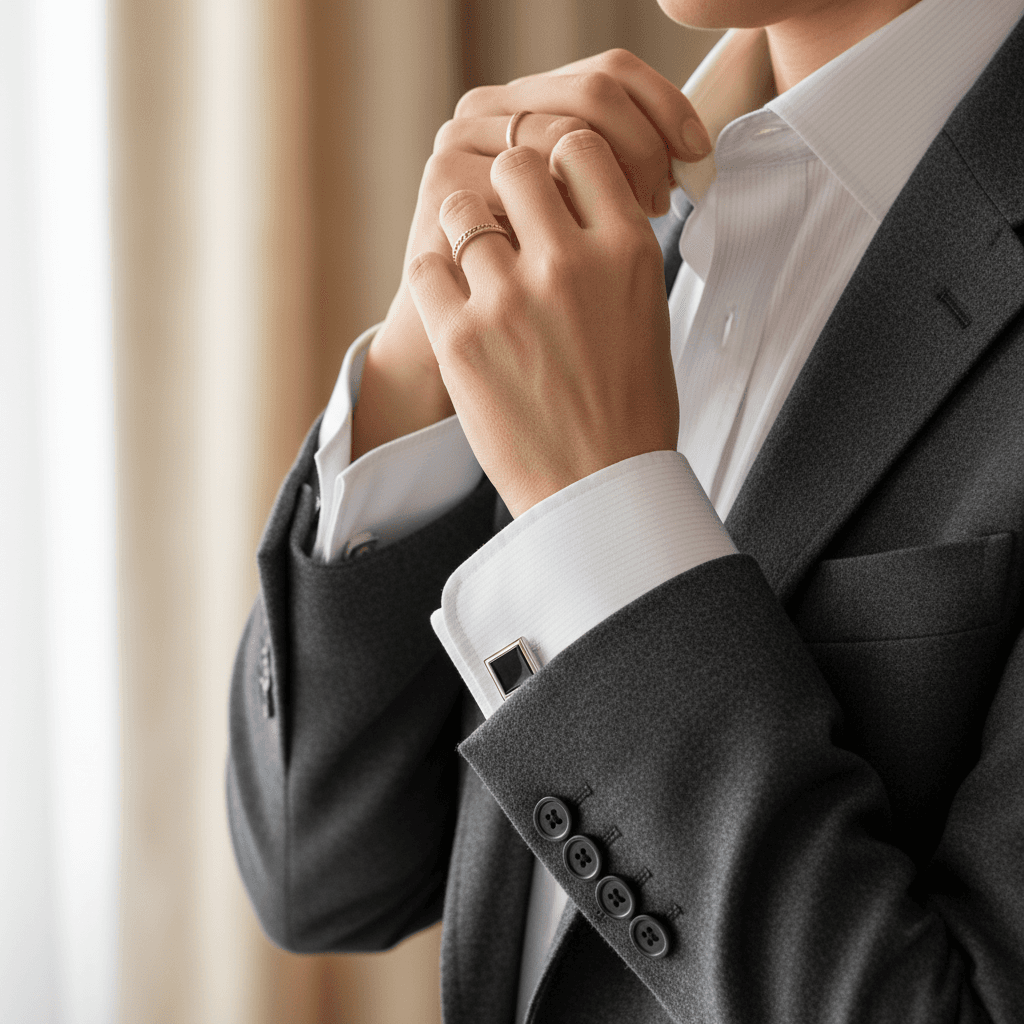 Collar detail on a dark button-down shirt hanging on a rack in a bright studio